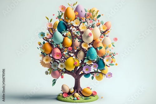 Easter tree decorated with eggs and flowers, Generative AI