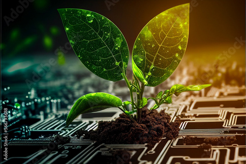 Agricultural technologies for growing plants and scientific research in the field of biology and chemistry of nature. Living green sprout on a computer chip. Ai generated image.