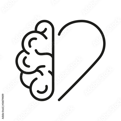 Mental Emotional Health Linear Pictogram. Healthy Rational Balance Heart Between Heart Love and Brain Outline Icon. Human Brain and Heart Line Icon. Editable Stroke. Isolated Vector Illustration