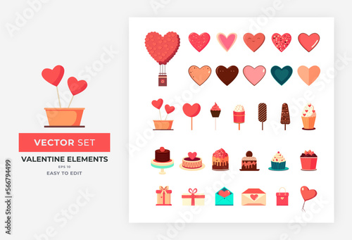 Valentine elements set vector illustration. Collection of romantic heart variant, love candies, love cakes, valentine gifts, etc. Colorful fully editable isolated eps10.
