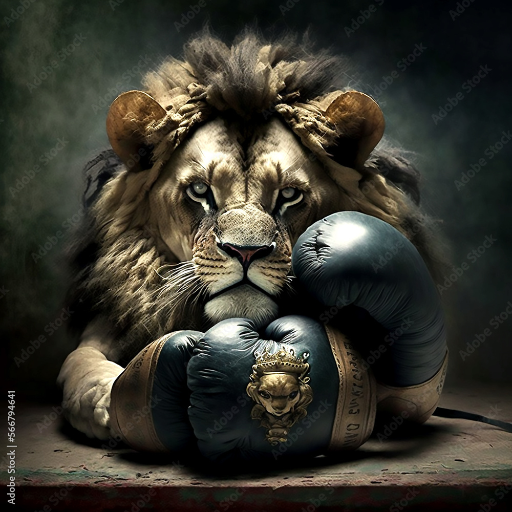 Photo Art Print Angry lion illustration with boxing gloves. Generative AI Itamara