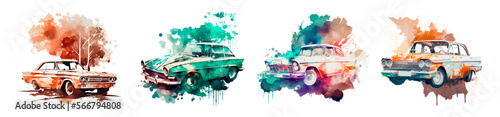 Colorful watercolor cars set illustration. Multicolored bright splashes, textures, dots. Vintage retro car. Fashion design for t-shirt, poster, merch. Vector car background