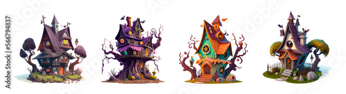 Colorful cartoon set of witch or warlock house isolated on white background. Fairy tale witch's hut, computer game background. Design for cartoon, book, game. Vector illustration