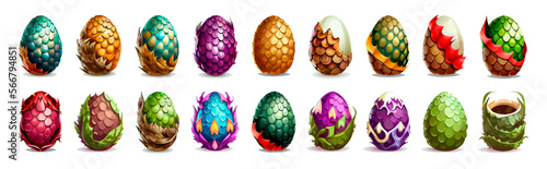 Cartoon Dragon Eggs with colorful textured shell. Fantasy cartoon magic fantasy elements for game user interface design, dragon eggs with metal and glass scales. Mother of dragons. Big vector set