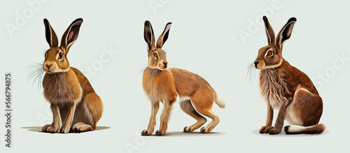Watercolor set of cute hares animal isolated on color background. Watercolor sketch of an animal. Wild animal. Graphics for fabric, t-shirt, postcard, greeting card, book, poster, sticker. Vector 