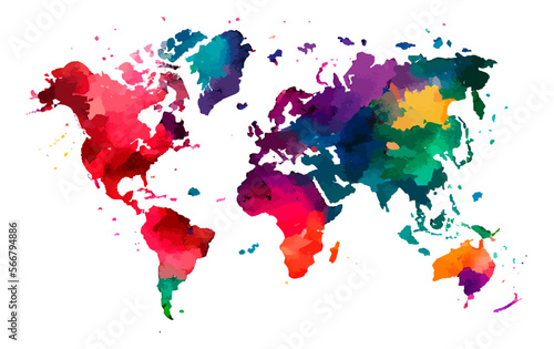 Multicolored watercolor World map isolated on white background. Design for fabric  t-shirt  card  greeting card  book  poster  sticker. Geographic map. View from above. Vector illustration