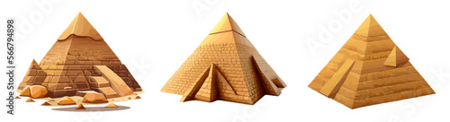 Cartoon Egyptian pyramids. Famous old historical buildings. Architectural monuments of great antiquity in the sand dunes, tourist center. Ancient architecture. Vector illustration