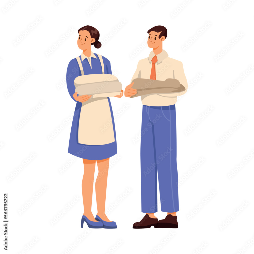 Obraz premium Woman Hotel Maid Standing with Man Administrator Holding Clean Folded Bedsheet Vector Illustration
