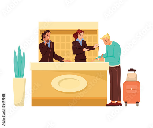 Young Woman Receptionist Serving Man Client Giving Him Key Vector Illustration