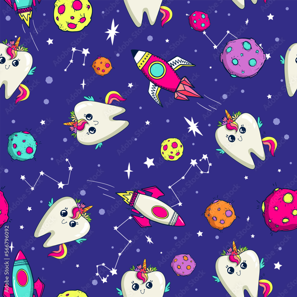 Abstract seamless teeth pattern on purple Galaxy background. Cartoon Unicorn tooth repeat print with space environment. Cosmic endless ornament with planet, probe, constellation, stars. Universe Wall Abstract seamless teeth pattern on purple Galaxy background. Cartoon Unicorn tooth repeat print with space environment. Cosmic endless ornament with planet, probe, constellation, stars. Universe Wall