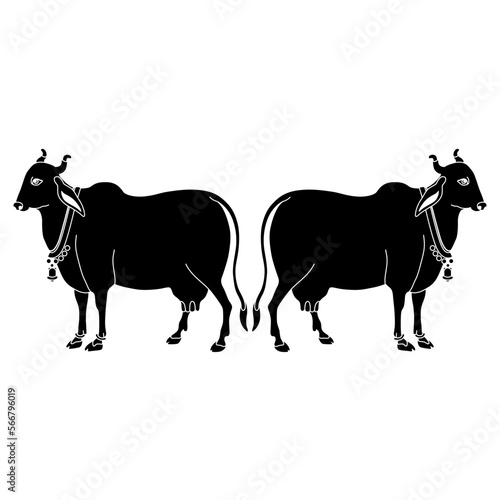 Symmetrical animal design with two standing cows. Sacred Hindu animal. Black and white negative silhouette.