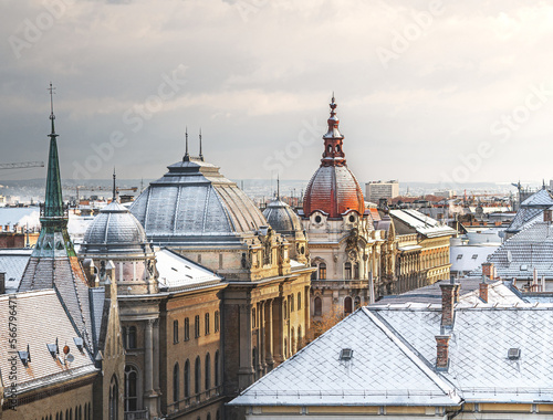 Rooftops in the old town of Budapest in winter