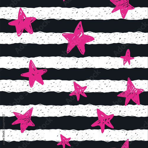 Fashion seamless pattern. Repeated black and white lines background with Pink stars. Hand drawing shape vector illustration. Girlish bright repeated backdrop. 