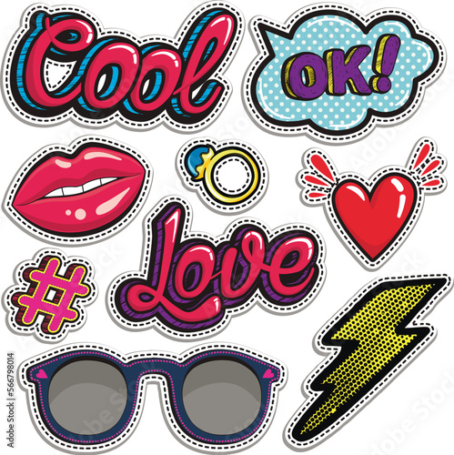 Sketch comics Set of stickers with hearts, speech bubbles, text cool, love, lightning, lips, rings, sunglasses. Girlish fashion elements in bright colors. Comic style. Fashion patch badges