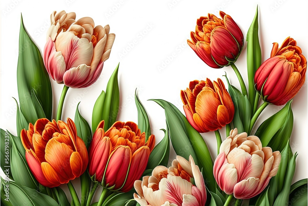 a group of flowers with green leaves on a white background with a white background with a white border and a white background with a white border with red and orange flowers. generative ai a group of flowers with green leaves on a white background with a white background with a white border and a white background with a white border with red and orange flowers. generative ai