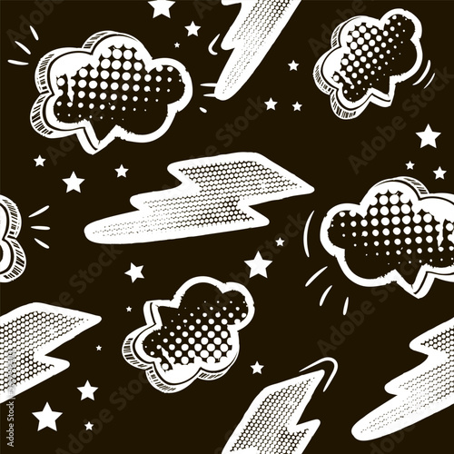 Abstract seamless pattern. Comics  Background with shape, dots, grunge Clouds, stars, lightning sketch hand drawing elements. creative funny teenagers design. Boys and girls wallpaper.