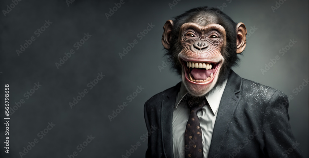 Chimpanzee, chimp monkey dressed in a business mans suit covered in