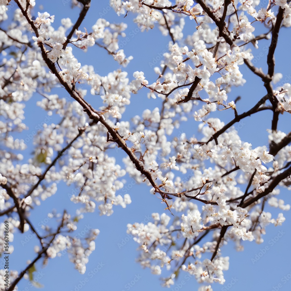 Beautiful plum tree branches full with white flowers in spring. - generative ai Beautiful plum tree branches full with white flowers in spring. - generative ai