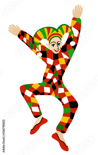 Harlequin, one of the principal characters of traditional italian comedy. Commedia dell'arte. Vector isolated illustration.