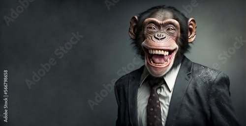 Fototapeta Chimpanzee, chimp monkey dressed in a business mans suit covered in dandruff laughs aggressively
