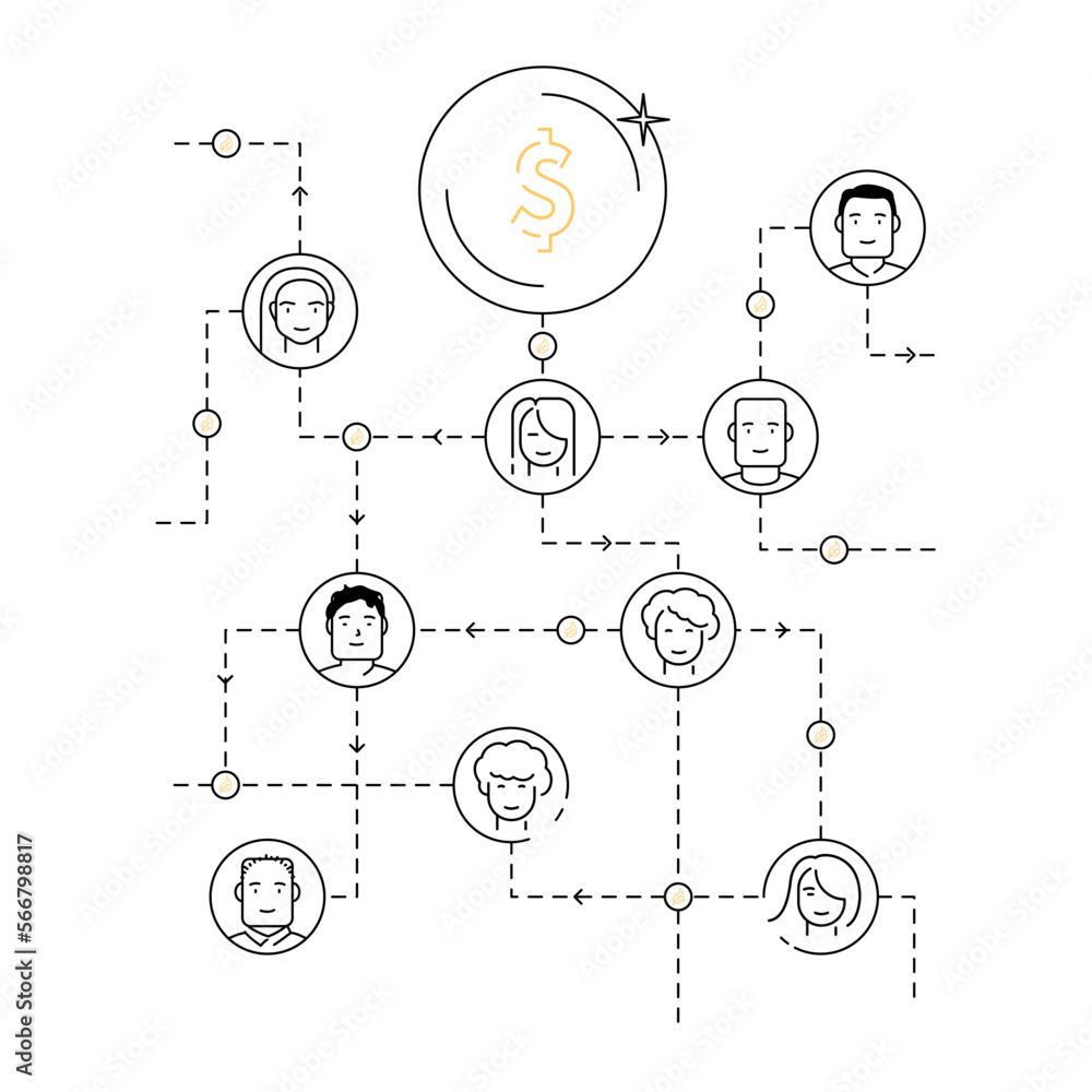 Vector illustration of teamwork. Group of people communicating and working together as a team. Concept of successful company, teamwork, organization. Outlined communication icon.