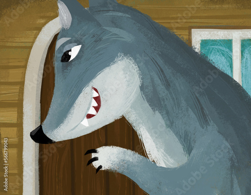 cartoon scene with evil wolf spying near wooden house illustration for children