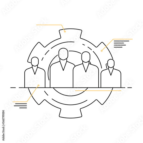 Vector illustration of a group of people who are in a circle of gears. The concept of the principle of the support service on various sites, hiring, searching for job. Technical or customer support.