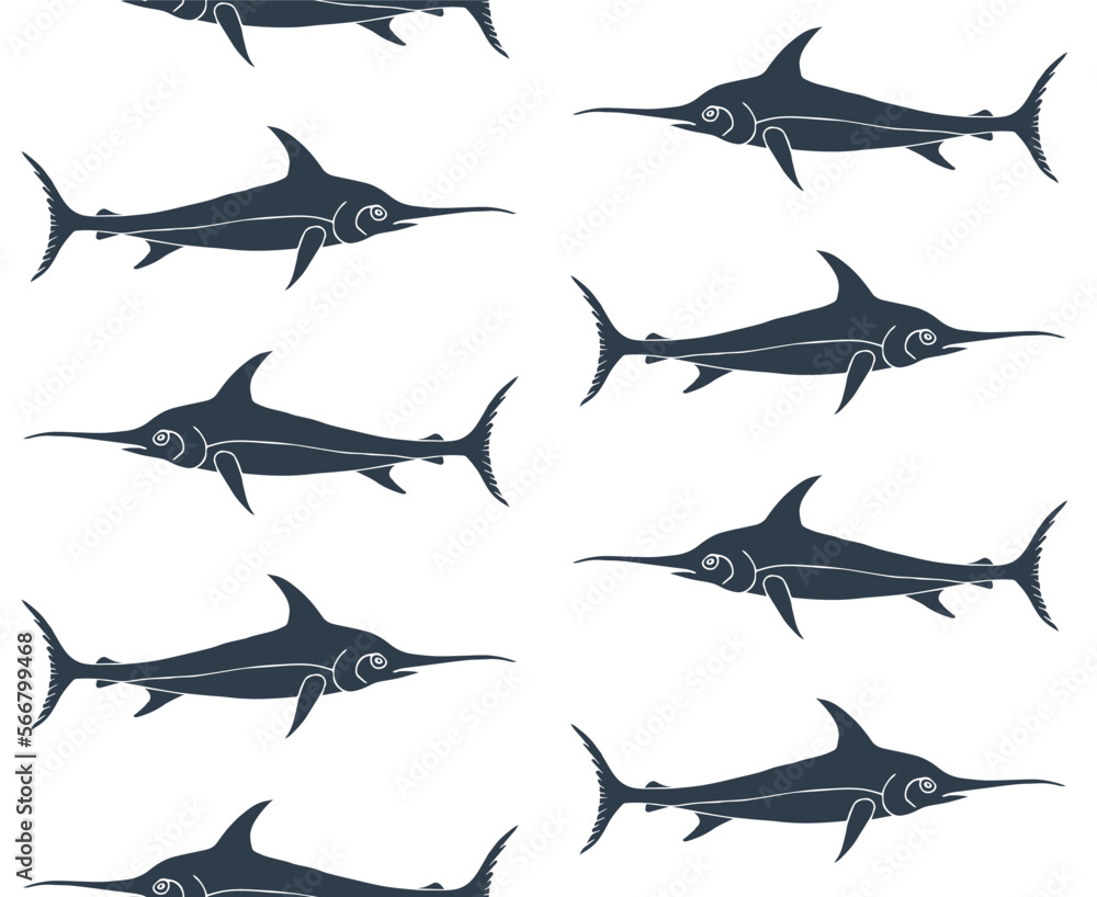 Vector seamless pattern of hand drawn doodle sketch black swordfish isolated on white background Vector seamless pattern of hand drawn doodle sketch black swordfish isolated on white background