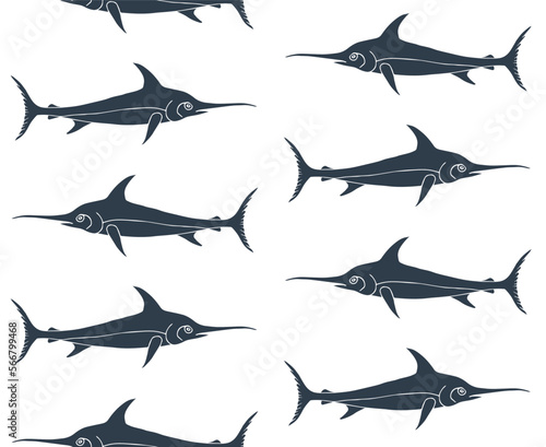 Vector seamless pattern of hand drawn doodle sketch black swordfish isolated on white background