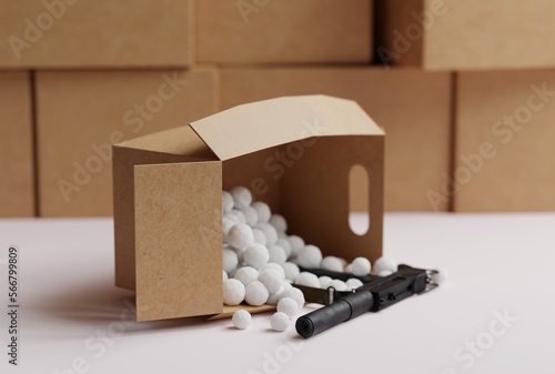 Cardboard boxes in the warehouse and one cardboard box that drops a submachine gun. The concept of delivering dangerous items, sending weapons by courier parcels. 3D render, 3D illustration.
