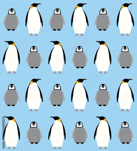 Vector seamless pattern of flat hand drawn emperor penguin with baby isolated on blue background