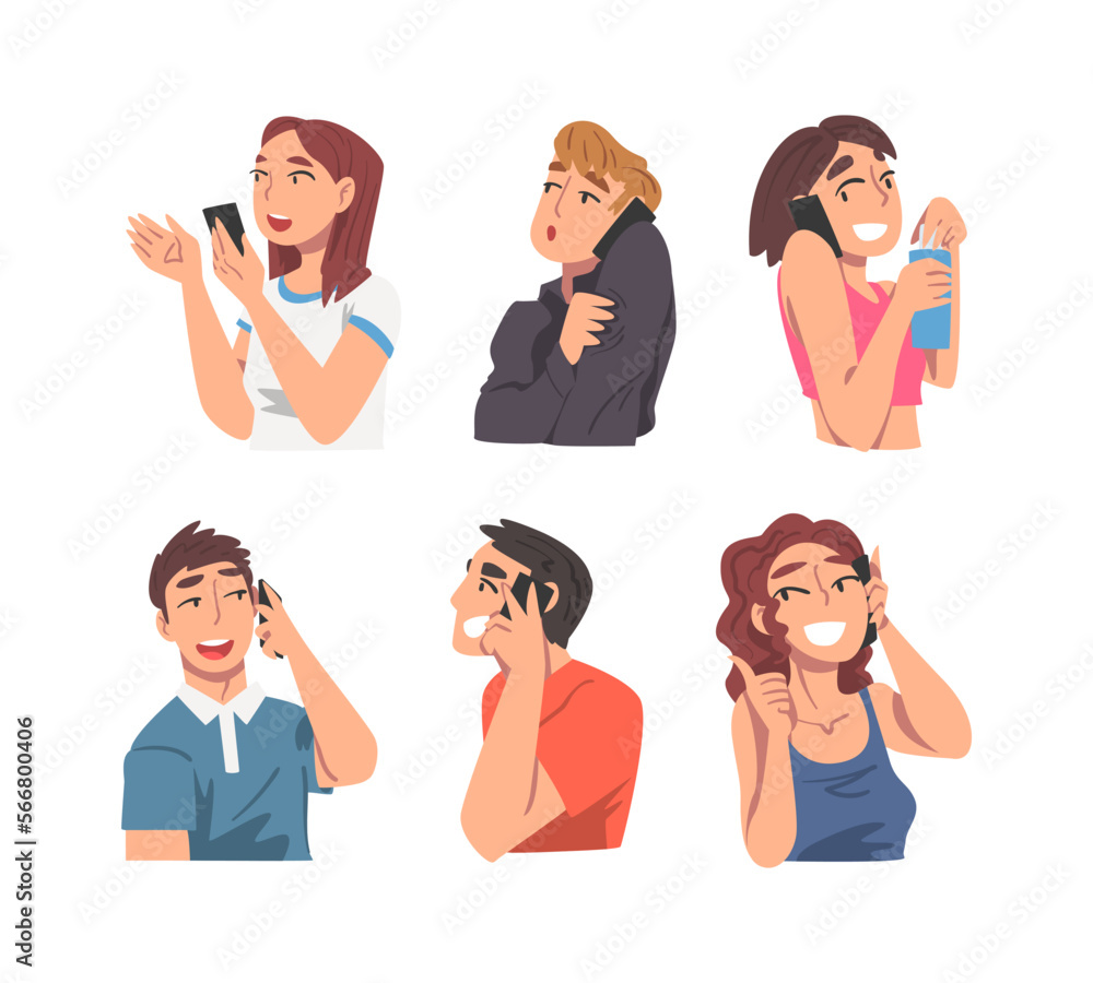 Young Man and Woman Speaking Phone Talking to Someone Vector Set Young Man and Woman Speaking Phone Talking to Someone Vector Set