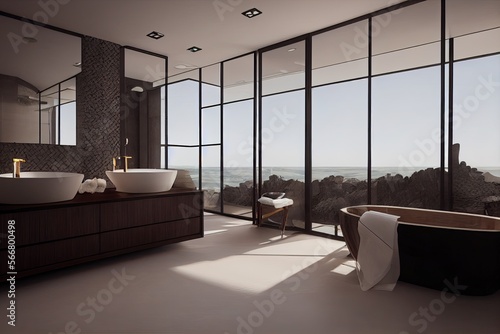 Luxury bathroom with marble. Modern interior hotel or home design with clean and elegance space. Natural lighting window. Generative AI illustration