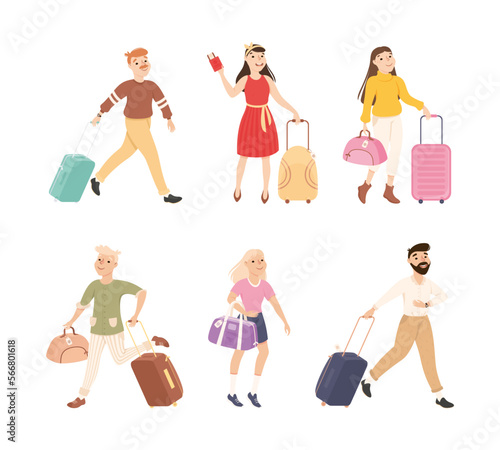 Man and Woman Tourist Character with Suitcase and Luggage Going on Journey Vector Set