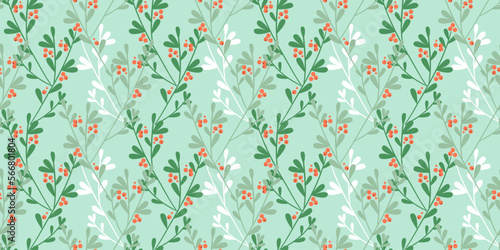 Christmas seamless pattern illustration. Mistletoe plant holiday decoration background in retro cartoon style. Vintage winter ornament print texture, floral wallpaper for xmas event.