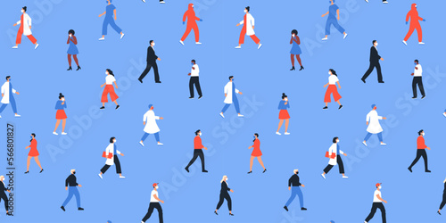 Seamless pattern of diverse people, nurse, doctor workers wearing face mask for corona virus disease outbreak protection. Healthy and sick person group background, covid-19 medical concept wallpaper.