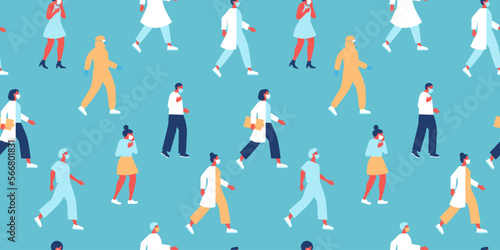 Seamless pattern of diverse people, nurse, doctor workers wearing face mask for corona virus disease outbreak protection. Healthy and sick person group background, covid-19 medical concept wallpaper.