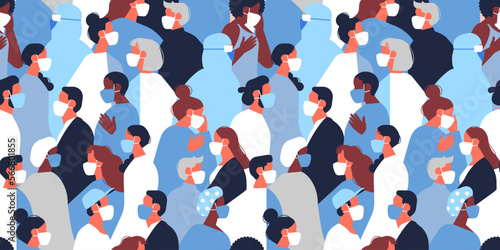Seamless pattern of diverse people, nurse, doctor workers wearing face mask for corona virus disease outbreak protection. Healthy and sick person group background, modern medical concept wallpaper.