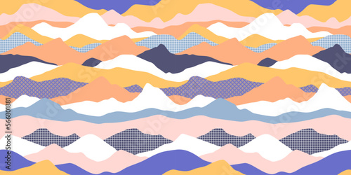 Abstract mountain landscape seamless pattern illustration. Retro art style wave background design with geometric texture shapes.