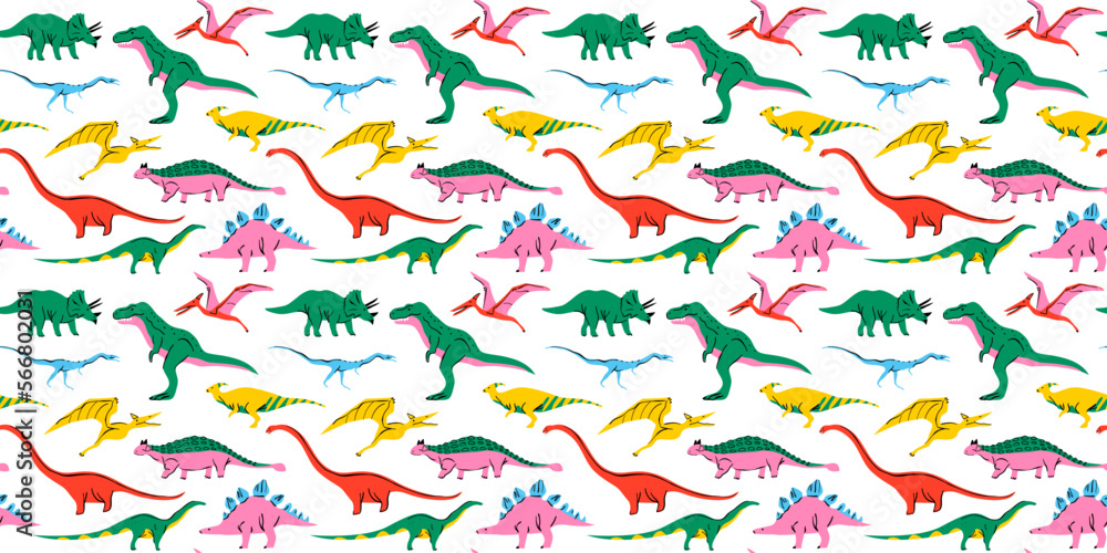 Retro dinosaur doodle seamless pattern illustration. Colorful 90s style dinosaurs background for educational concept or children toy print. T-rex, triceratops, pterodactyl and more animals. Retro dinosaur doodle seamless pattern illustration. Colorful 90s style dinosaurs background for educational concept or children toy print. T-rex, triceratops, pterodactyl and more animals.