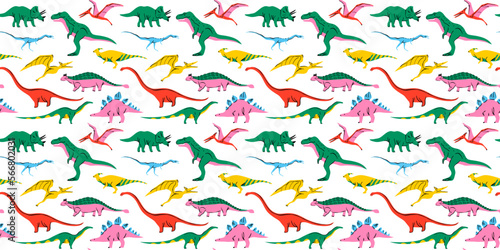 Retro dinosaur doodle seamless pattern illustration. Colorful 90s style dinosaurs background for educational concept or children toy print. T-rex, triceratops, pterodactyl and more animals.