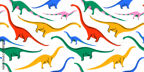 Retro dinosaur doodle seamless pattern illustration. Colorful 90s style dinosaurs background for educational concept or children toy print. Brachiosaurus repeat texture wallpaper art.
