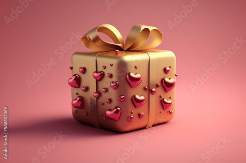 Golden gift with many sparkling pink hearts photo