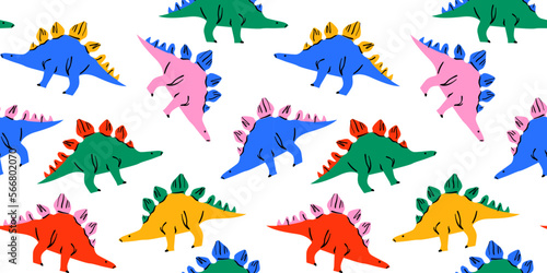Retro dinosaur doodle seamless pattern illustration. Colorful 90s style dinosaurs background for educational concept or children toy print. Stegosaurus repeat texture wallpaper art.