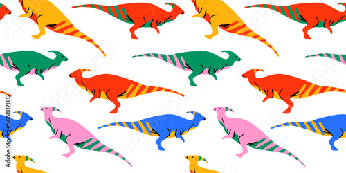 Retro dinosaur doodle seamless pattern illustration. Colorful 90s style dinosaurs background for educational concept or children toy print. Parasaurolophus repeat texture wallpaper art.