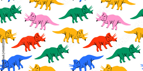 Fototapeta Naklejka Na Ścianę i Meble -  Retro dinosaur doodle seamless pattern illustration. Colorful 90s style dinosaurs background for educational concept or children toy print. Triceratops repeat texture wallpaper art.