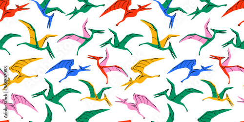 Fototapeta Naklejka Na Ścianę i Meble -  Retro dinosaur doodle seamless pattern illustration. Colorful 90s style dinosaurs background for educational concept or children toy print. Pterodactyl repeat texture wallpaper art.