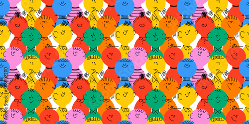 Diverse colorful children people crowd seamless pattern illustration. Multi color little kid cartoon characters in funny childish doodle style. Friendly community or school student background concept.