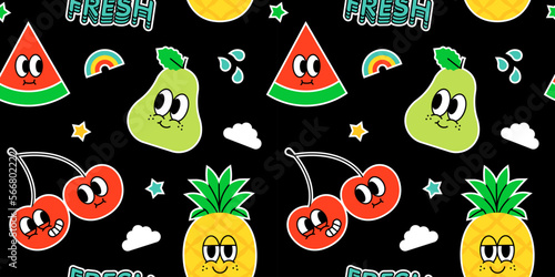 Trendy happy fruit seamless pattern in vintage cartoon style. Retro summer tropical fruits background. Character label illustration backdrop. Funny colorful food mascot print.