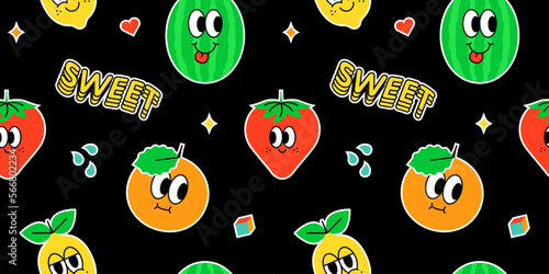 Trendy happy fruit seamless pattern in vintage cartoon style. Retro summer tropical fruits background. Character label illustration backdrop. Funny colorful food mascot print.